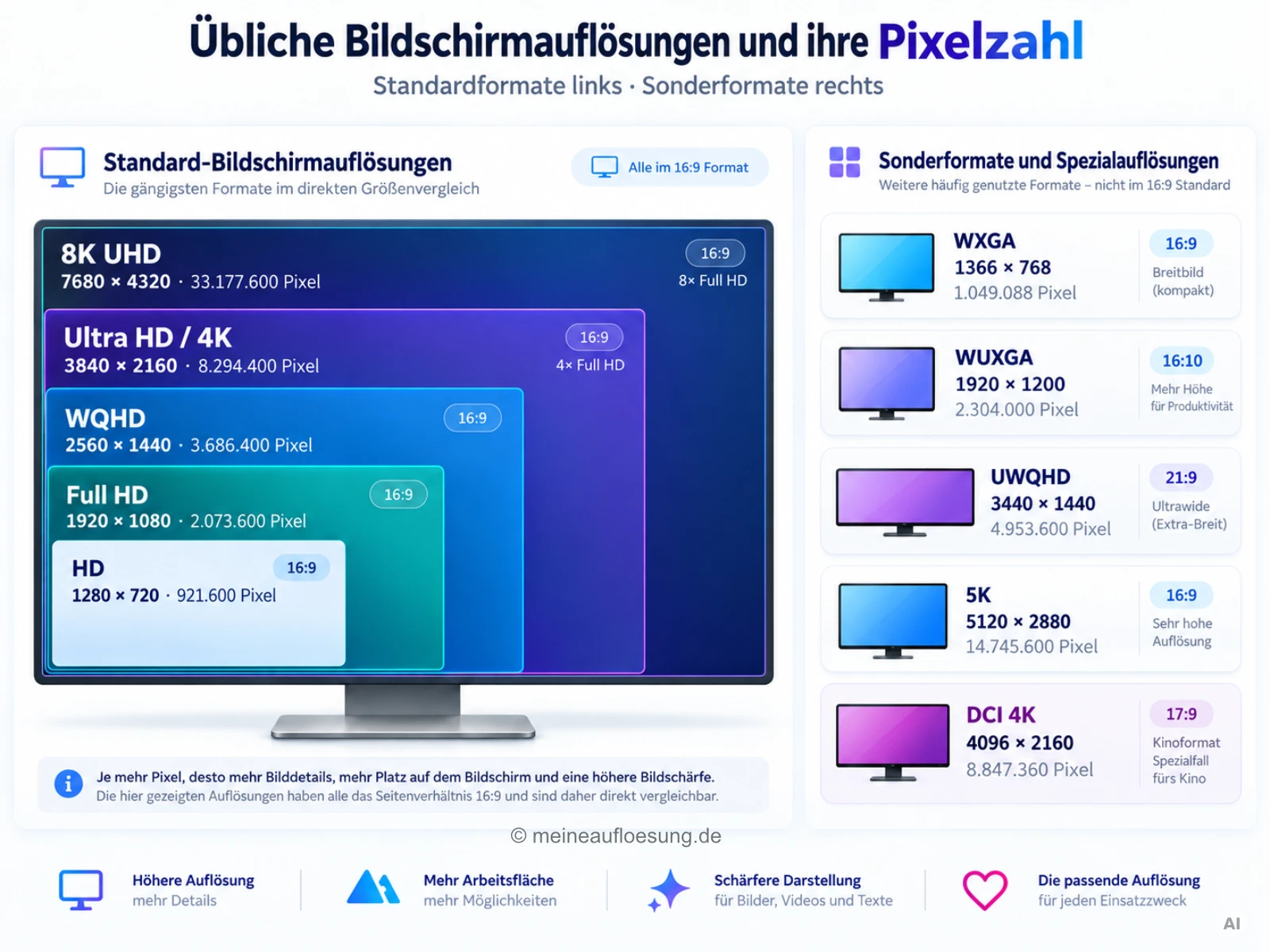 Größenvergleich üblicher Bildschirmauflösungen von HD bis 8K sowie Sonderformaten wie WUXGA, UWQHD und DCI 4K