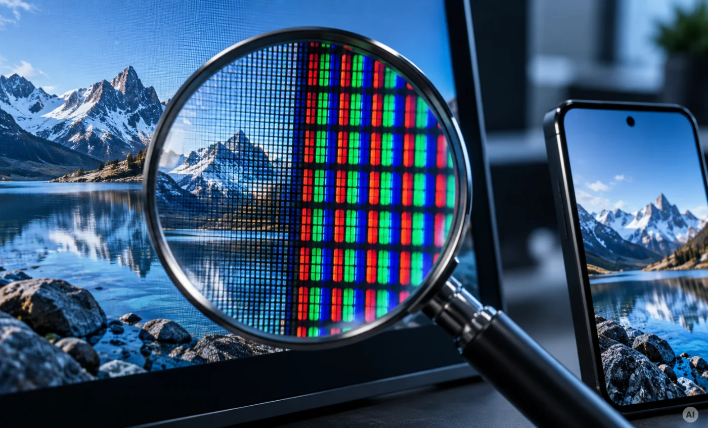 Lupe vor einem Monitor zeigt vergrößerte RGB-Subpixel, daneben ein Smartphone mit demselben Motiv.