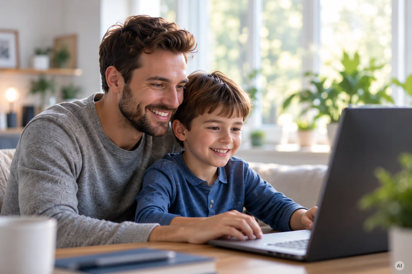 Vater und Sohn sitzen gemeinsam vor einem Laptop und schauen lächelnd auf den Bildschirm.