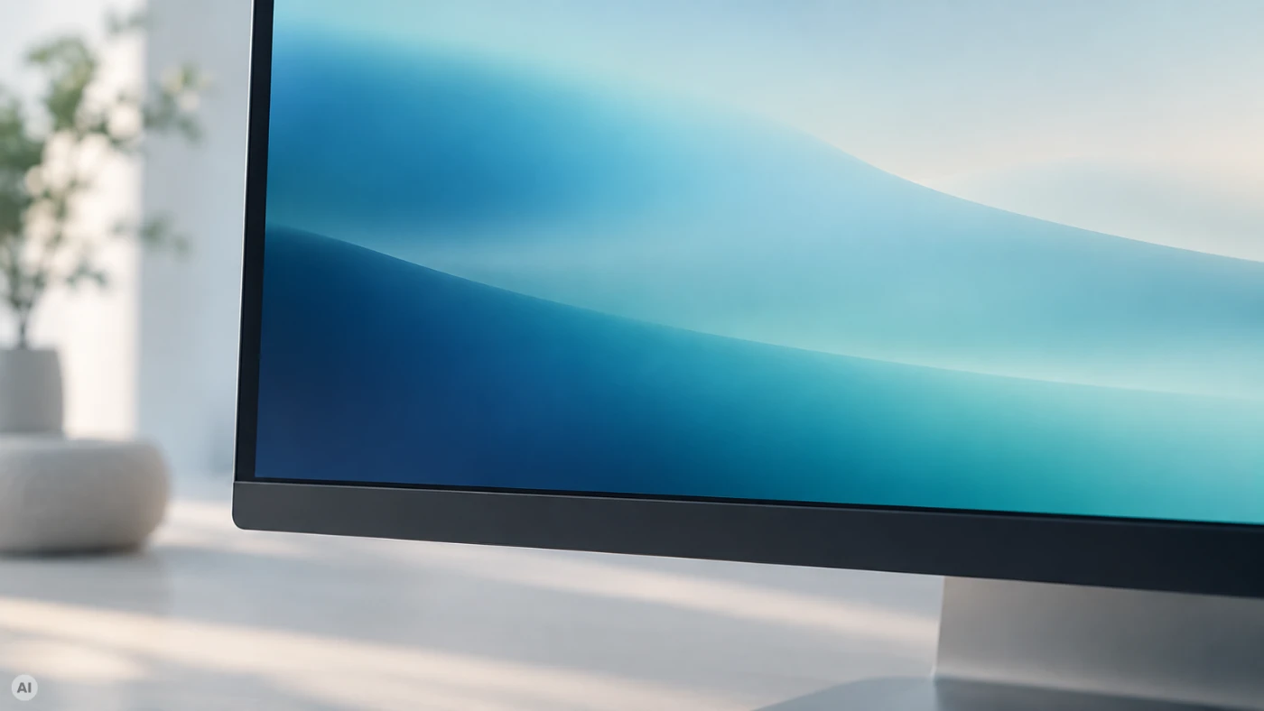 Nahaufnahme eines modernen Monitors mit ruhigem blauem Farbverlauf in heller Umgebung.