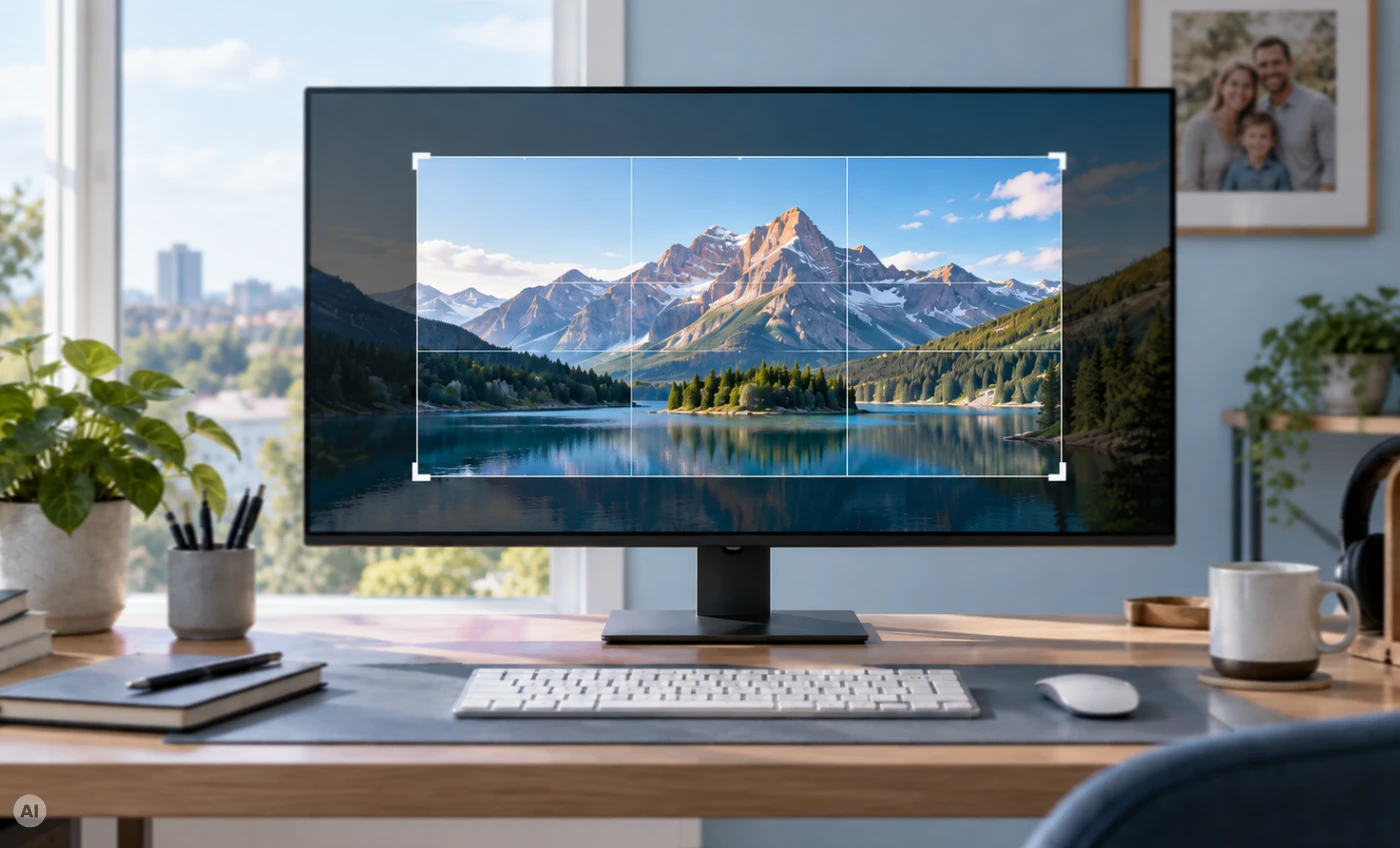 Moderner Arbeitsplatz mit Monitor, auf dem ein Bergsee-Wallpaper mit markiertem Bildausschnitt angezeigt wird.
